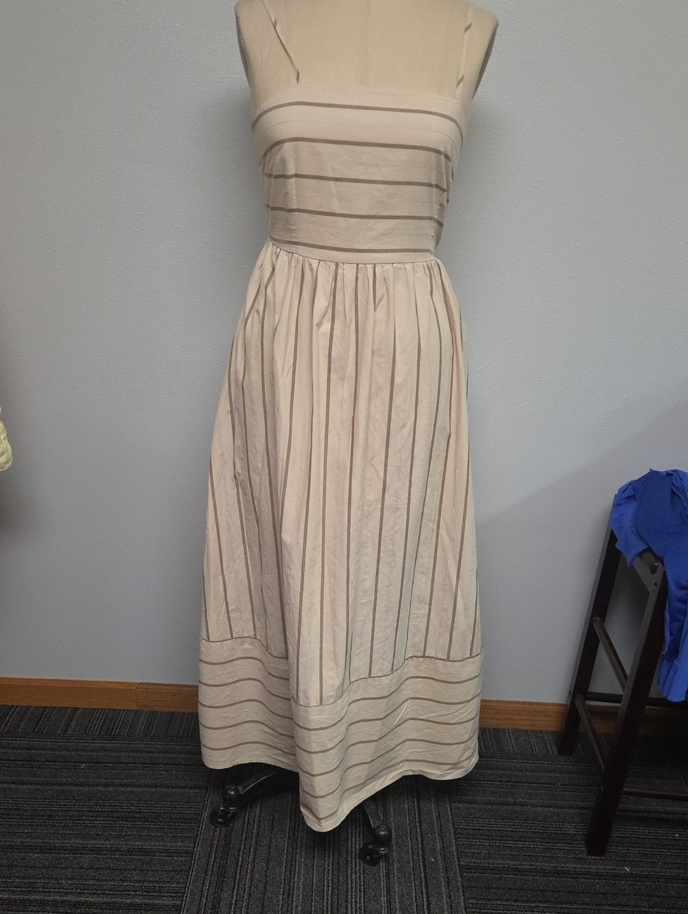 Sleeveless Cream Striped Maxi Dress with Gathered Waistline